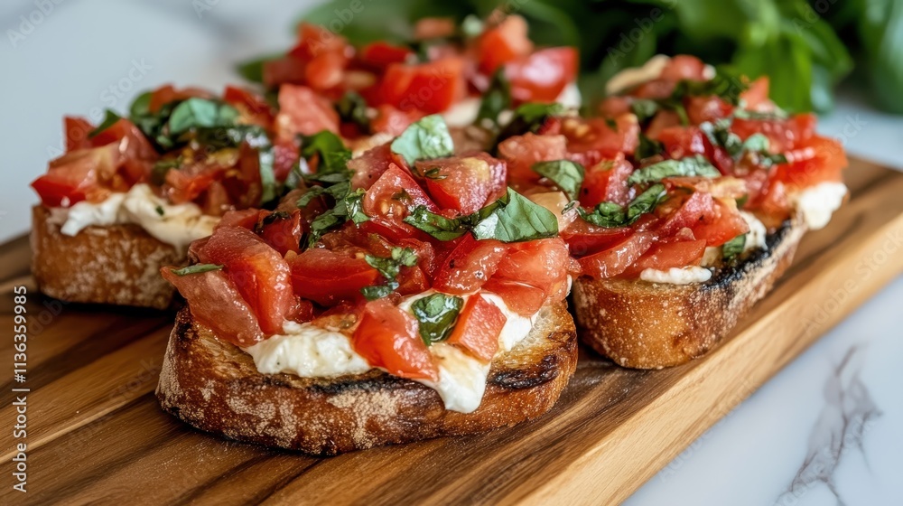 Delicious and vibrant bruschetta featuring fresh tomatoes and herbs on top of a creamy cheese spread, displayed on a rustic wooden serving board surface. Delicious and vibrant bruschetta featuring fresh tomatoes and herbs on top of a creamy cheese spread, displayed on a rustic wooden serving board surface.
