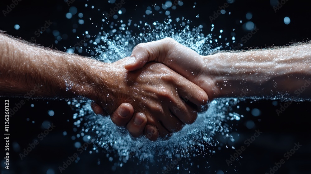 Fototapeta premium A powerful handshake captured mid-action with water splashes flying around, symbolizing energy, collaboration, and dynamic interactions between two individuals.