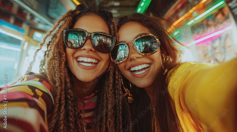 Two women smiling broadly in a vibrant diner setting with neon lights reflecting excitement and the fun atmosphere of the place, epitomizing joy and friendship moments. Two women smiling broadly in a vibrant diner setting with neon lights reflecting excitement and the fun atmosphere of the place, epitomizing joy and friendship moments.