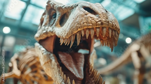 A Tyrannosaurus rex fossil display with jaws agape and teeth bared, highlighting the powerful and intimidating nature of this well-known prehistoric predator. photo