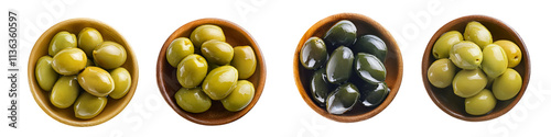 Variety of fresh green and black olives in wooden bowls isolated on transparent background