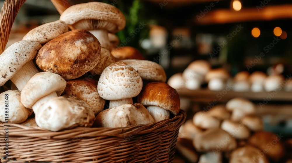 A woven basket overflowing with various mushrooms in a warm, inviting market scene highlights the diversity and allure of nature's bounty in a rustic environment. A woven basket overflowing with various mushrooms in a warm, inviting market scene highlights the diversity and allure of nature's bounty in a rustic environment.