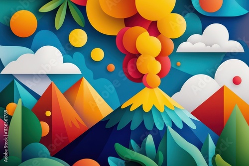 A vibrant, abstract illustration of a volcano erupting, surrounded by colorful mountains, clouds, and lush greenery under a blue sky. photo