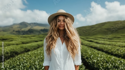 A cheerful woman with long hair and a straw hat is happily posing in a tea field under a blue sky, symbolizing joy, freedom, and nature's bounty and beauty. photo