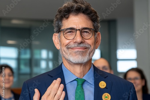 A scientist in a lab holding a prestigious medal for groundbreaking research, surrounded by lab equipment and peers applauding