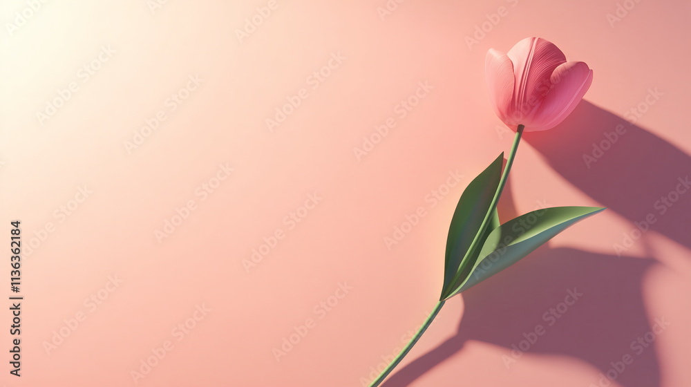 Single pink tulip with a long green stem placed diagonally on a soft pastel background, with subtle light shadows Valentine's day horizontal web banner, sale flyer, advert, greeting card Single pink tulip with a long green stem placed diagonally on a soft pastel background, with subtle light shadows Valentine's day horizontal web banner, sale flyer, advert, greeting card
