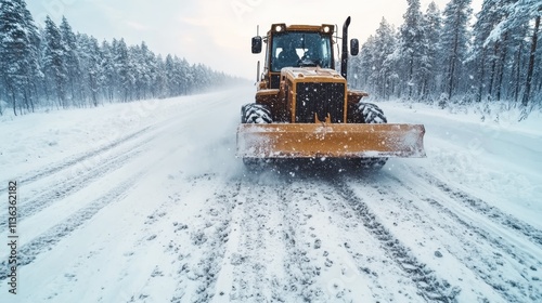 An industrial snowplow actively clears a snow-covered road amidst a serene forest landscape, showcasing the powerful machinery's utility in harsh winter conditions. photo