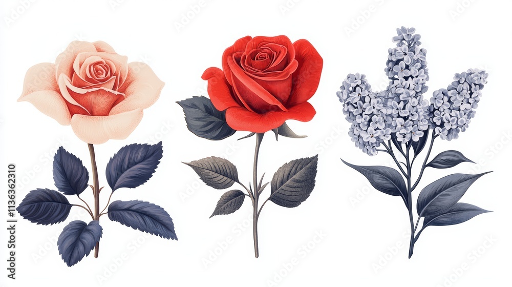 Fototapeta premium Three beautifully illustrated flowers: a soft pink rose, a vibrant red rose, and a delicate lilac cluster, each with rich green leaves.
