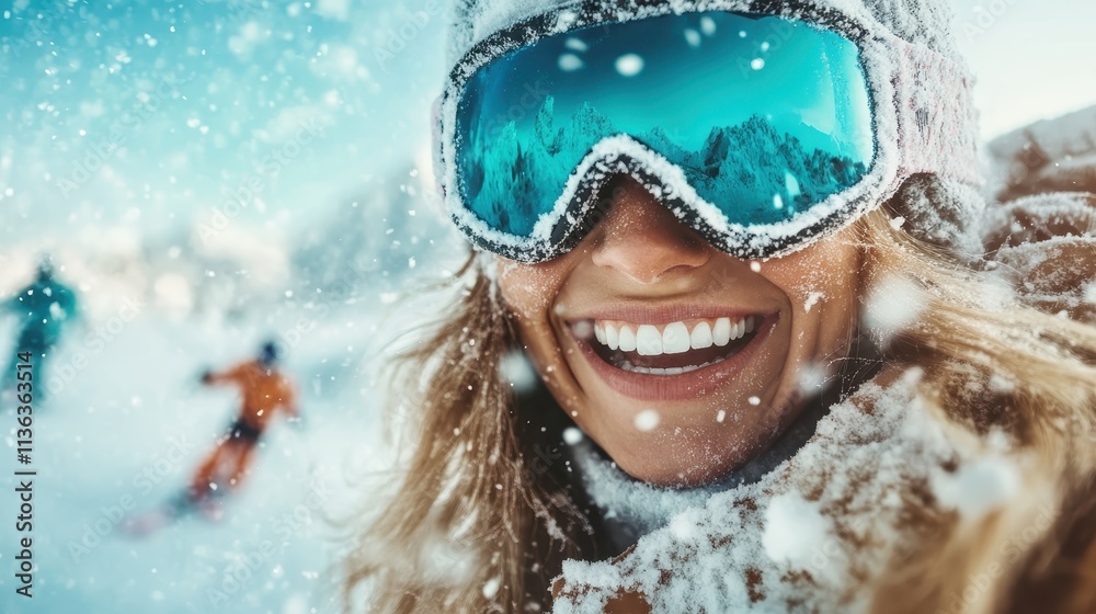A vibrant and joyful image of a woman skiing in snowy mountains, reflecting joy and adventure with snowflakes surrounding her in the crisp mountain air. A vibrant and joyful image of a woman skiing in snowy mountains, reflecting joy and adventure with snowflakes surrounding her in the crisp mountain air.
