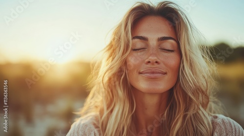 A woman with closed eyes meditates at sunset, her serene aura enhanced by the warm glow of golden sunlight, suggesting peace and introspection.