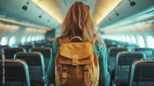 A traveler stands with a yellow backpack in an aircraft aisle, poised to explore the world, capturing the essence of wanderlust and anticipation of new experiences. photo