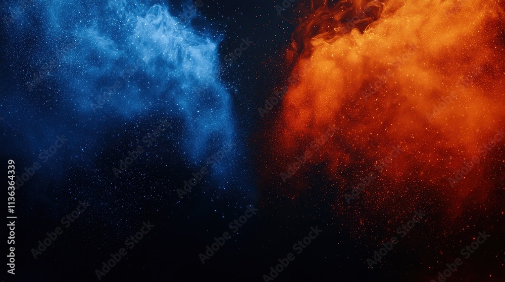 Fototapeta premium Blue and Orange Smoke Contrast on Dark Background for Design Use