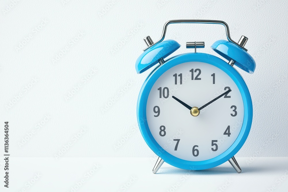 A vibrant blue alarm clock sits against a plain background, showcasing its clear face and bold numbers, perfect for time management and decoration. A vibrant blue alarm clock sits against a plain background, showcasing its clear face and bold numbers, perfect for time management and decoration.