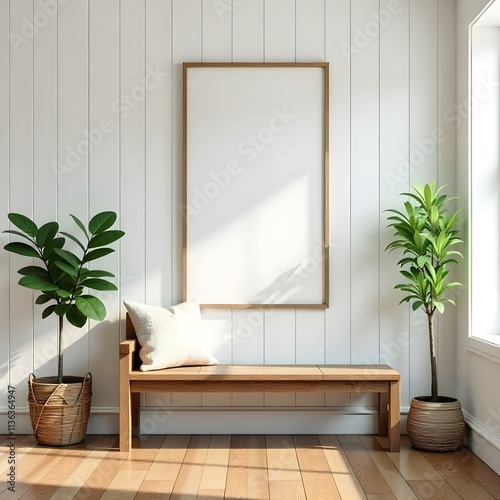 A cozy living room with a wooden bench  a potted plant  and framed artwork on the wall. The room has a rustic style with white wooden paneling and hardwood floors