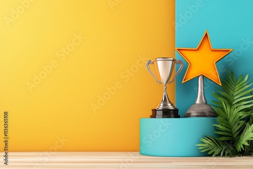 A vibrant 3D illustration of a winner podium with three trophies, each uniquely designed to symbolize excellence in different fields photo