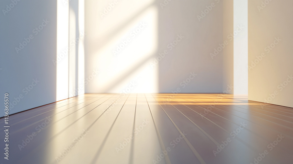 Sunlight streaming through empty room with wooden floors and white walls Sunlight streaming through empty room with wooden floors and white walls