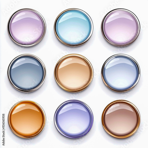 Glass, acrylic or plastic circle badge isolated on white and white backgrounds. Reflection 3d button, glare mirror. Vector glossy round element design.