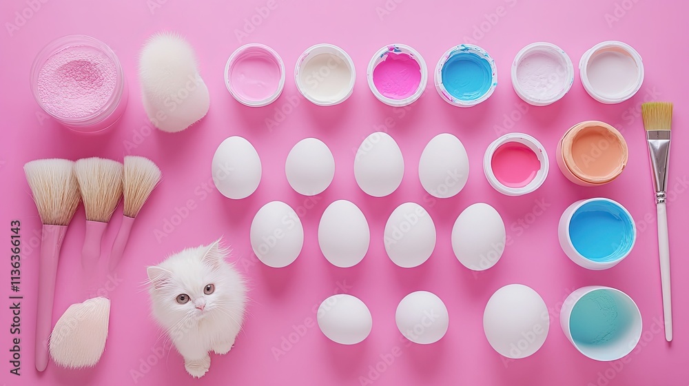A flat-lay of Easter crafts, including paint, brushes, and blank eggs ready to be decorated. A flat-lay of Easter crafts, including paint, brushes, and blank eggs ready to be decorated.