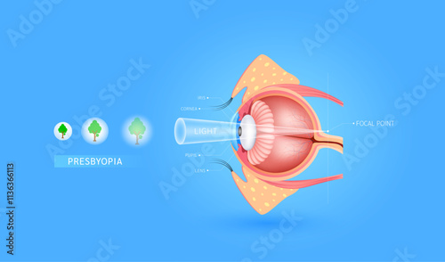 Presbyopia blurred vision. Focal point behind retina. Distant objects will be seen more clearly than that are close by. Human visual system anatomy. Medical science diagnosis. Vector EPS10.