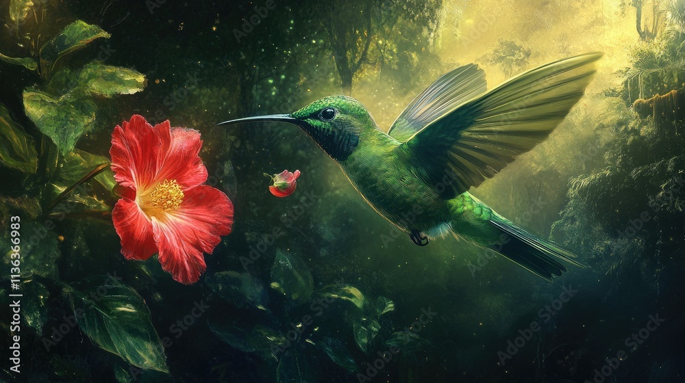 Fototapeta premium A green hummingbird mid-flight near a vibrant red flower, its wings blurred in motion against a lush forest backdrop.