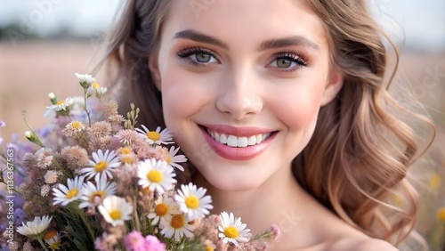 Smiling young woman holding flowers in a bright field during summer.