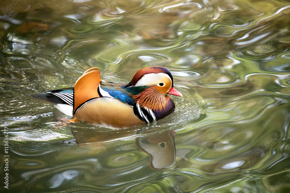 Closeup of a Mandarin duck swimming in the water