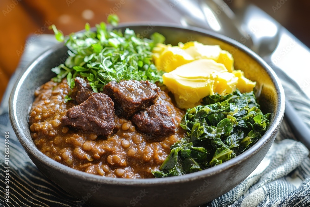 A bowl of lentil stew with meat, greens, and butter, showcasing a hearty meal. A bowl of lentil stew with meat, greens, and butter, showcasing a hearty meal.