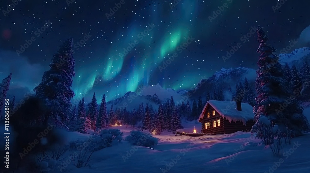 Fototapeta premium A magical scene of a snowy forest with a lone cabin under the vivid display of the northern lights.