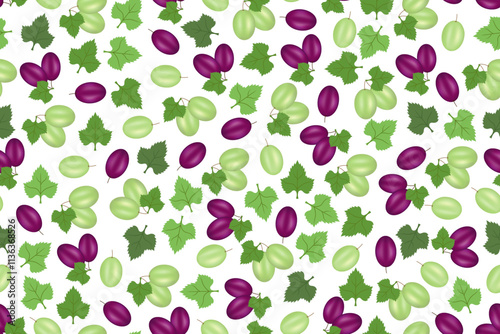 Purple and green grapes and its leaves doodle seamless pattern design on white background, for background, wallpaper or printing. 