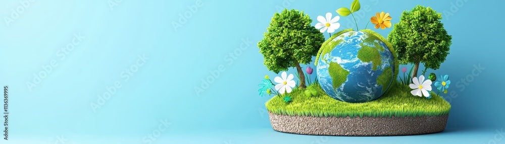 Naklejka premium A vibrant depiction of the Earth surrounded by lush greenery, flowers, and small trees, symbolizing environmental sustainability and nature's beauty.