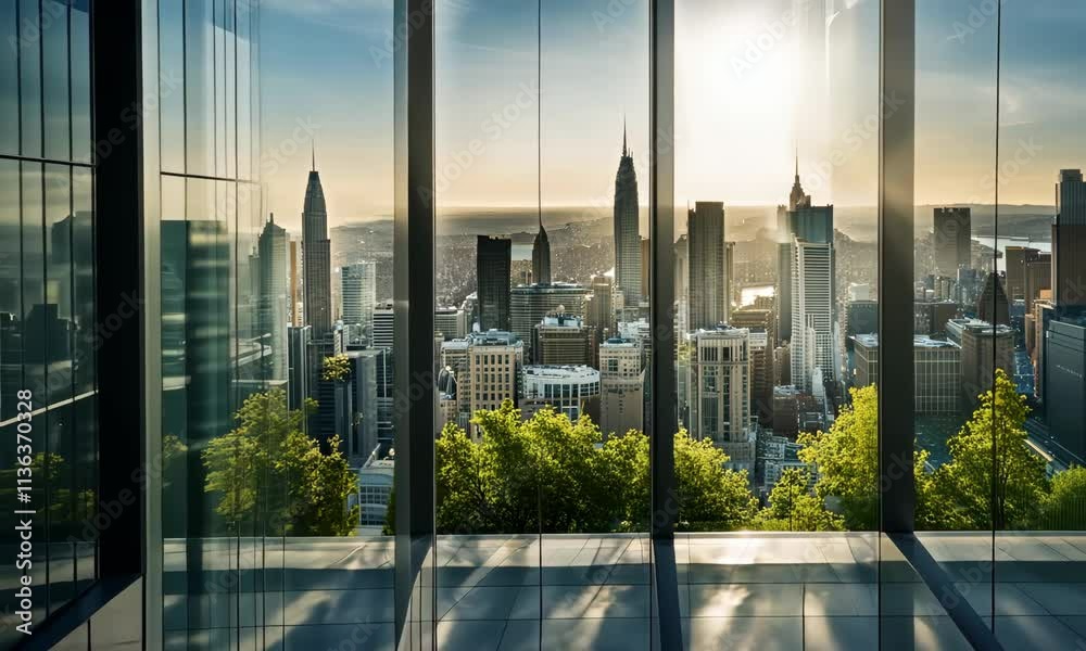 Modern office building glass curtain wall view of outdoor city landscape