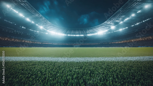 Low angle view of green grass football pitch field, interior of modern soccer stadium at night, world cup sports background