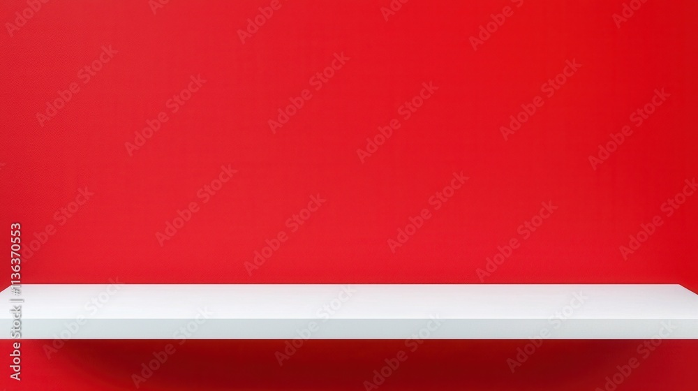 Bright Red Wall with White Shelf for Display and Decoration Purposes Bright Red Wall with White Shelf for Display and Decoration Purposes