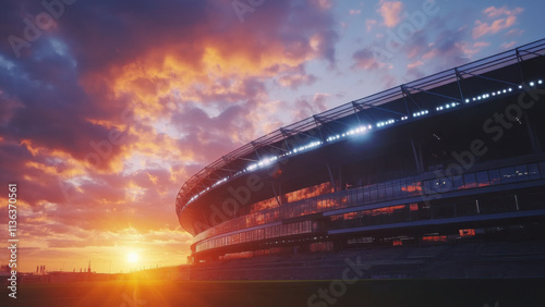 Exterior side view of modern soccer stadium arena at sunset, football world cup sports background