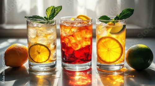 Refreshing Summer Drinks on a Sunlit Table with Citrus Fruits, Including Lemon, Lime, and Orange, Perfect for Hot Days and Gatherings