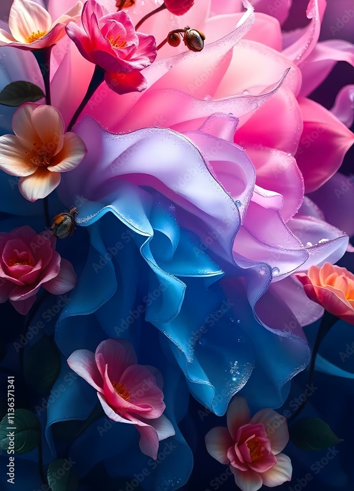 Naklejka premium A surreal and dreamlike image of a vibrant blue flower with ruffled petals, contrasting beautifully against delicate pink blossoms