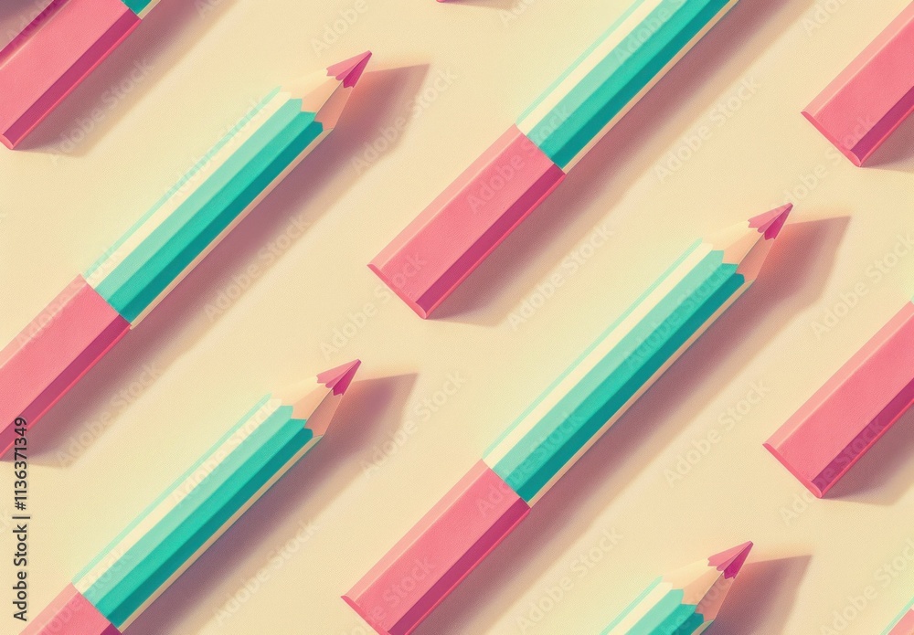 Colorful pencils on a light beige background, arranged in a repetitive pattern, creating an artistic and playful atmosphere for creative projects and designs