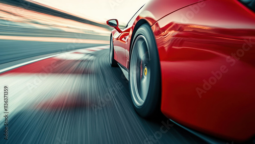 Bright red color racing sports car driving fast on race track with motion blur, motorsport background