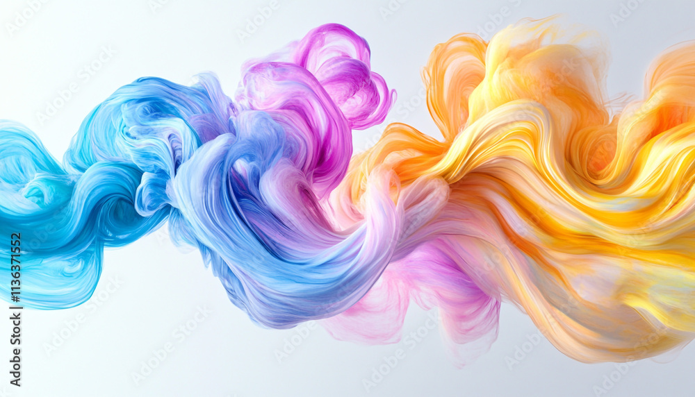 Dynamic swirls of magenta, cyan, and yellow paint twist and collide in mid-air against a creamy white background, creating a vibrant dance of color and energy Dynamic swirls of magenta, cyan, and yellow paint twist and collide in mid-air against a creamy white background, creating a vibrant dance of color and energy