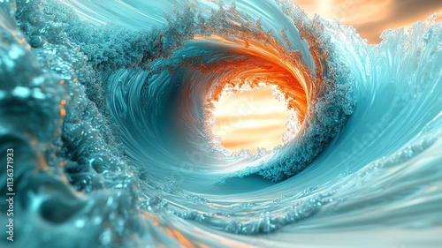 Dynamic turquoise and coral swirls with intense light reflections, providing a striking, modern background
