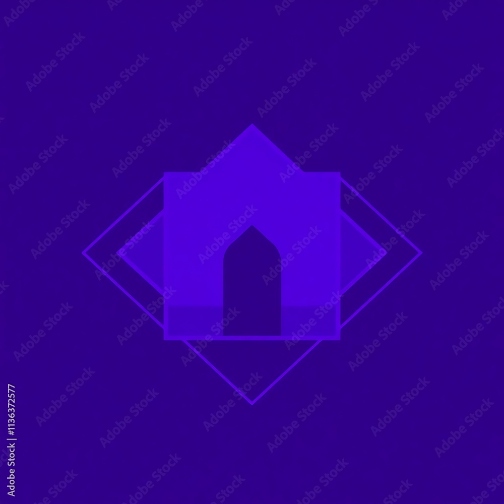 Abstract Geometric Mosque: Minimalist design, featuring a stylized mosque silhouette in a vibrant purple hue, enclosed within a geometric frame. Perfect for Islamic art, architecture. Abstract Geometric Mosque: Minimalist design, featuring a stylized mosque silhouette in a vibrant purple hue, enclosed within a geometric frame. Perfect for Islamic art, architecture.