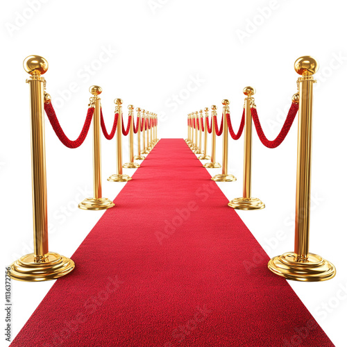 A 3D rendering of a red carpet with golden barriers on each side, isolated against a transparent background ideal for event, award show, or luxury-themed designs