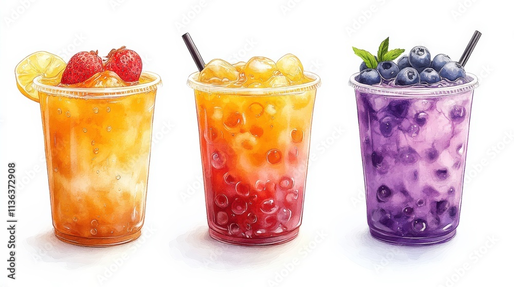 Refreshing Summer Drinks Featuring Colorful Beverages with Bubbles, Fruits, and Iced Toppings for a Fun and Inviting Beverage Experience Refreshing Summer Drinks Featuring Colorful Beverages with Bubbles, Fruits, and Iced Toppings for a Fun and Inviting Beverage Experience