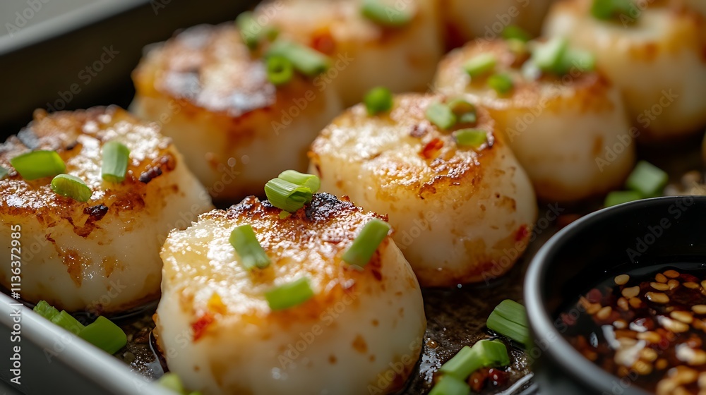 A close-up of a beautifully decorated tray of turnip cakes, a savory dim sum item often enjoyed during Chinese New Year, with chopped green onions and chili sauce on the side A close-up of a beautifully decorated tray of turnip cakes, a savory dim sum item often enjoyed during Chinese New Year, with chopped green onions and chili sauce on the side