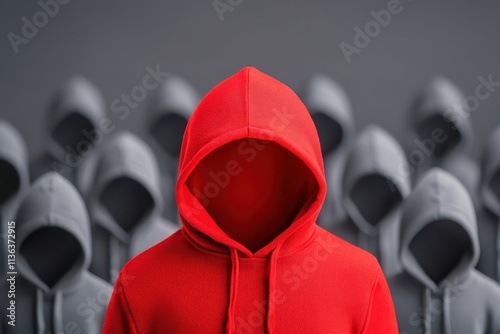 A figure in a striking red hoodie stands out against a backdrop of shadowy, gray figures, creating a sense of mystery and intrigue. photo