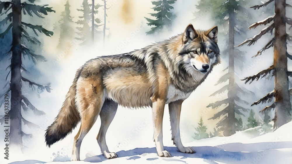 Fototapeta premium Alaskan wolf in a serene watercolor painting, symbolizing forest spirit. 