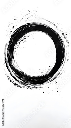 A black circular brushstroke on a white background, symbolizing simplicity and Zen.