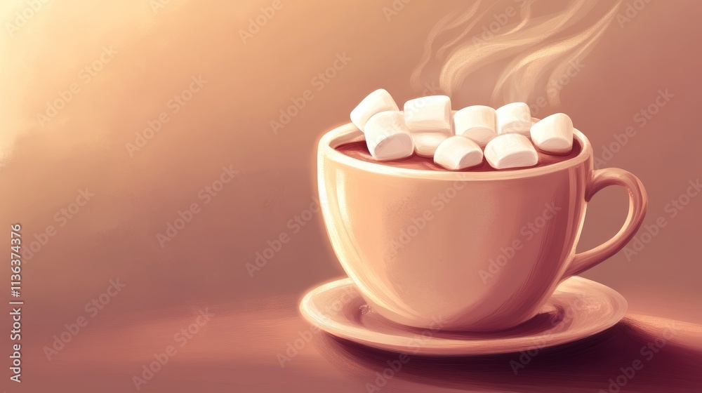 Cozy steaming mug of hot chocolate with marshmallows, warm beverage on a winter day, calming and delicious drink, hot cocoa delight Cozy steaming mug of hot chocolate with marshmallows, warm beverage on a winter day, calming and delicious drink, hot cocoa delight