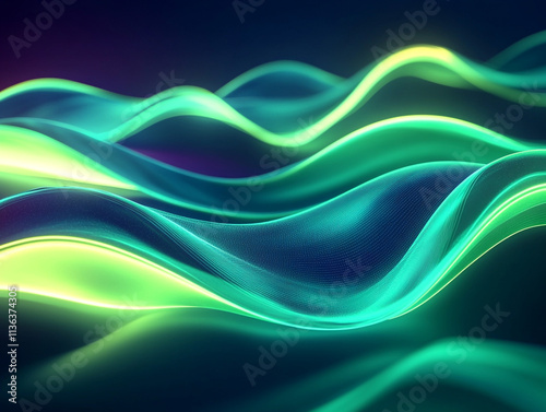 Energetic neon waves in vivid green and blue, glowing lines with fluid movement