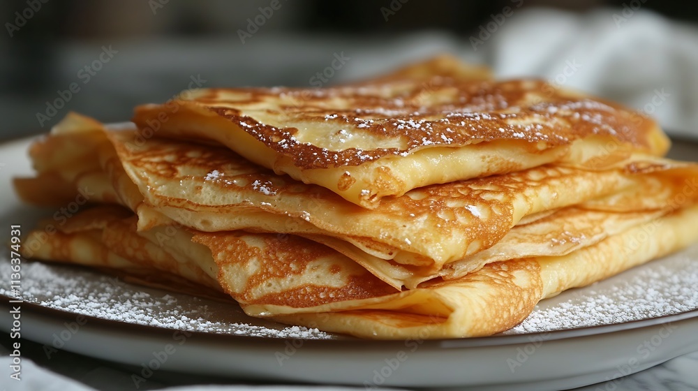 Delicious Golden Brown Crepes Stacked High With Powdered Sugar Delicious Golden Brown Crepes Stacked High With Powdered Sugar